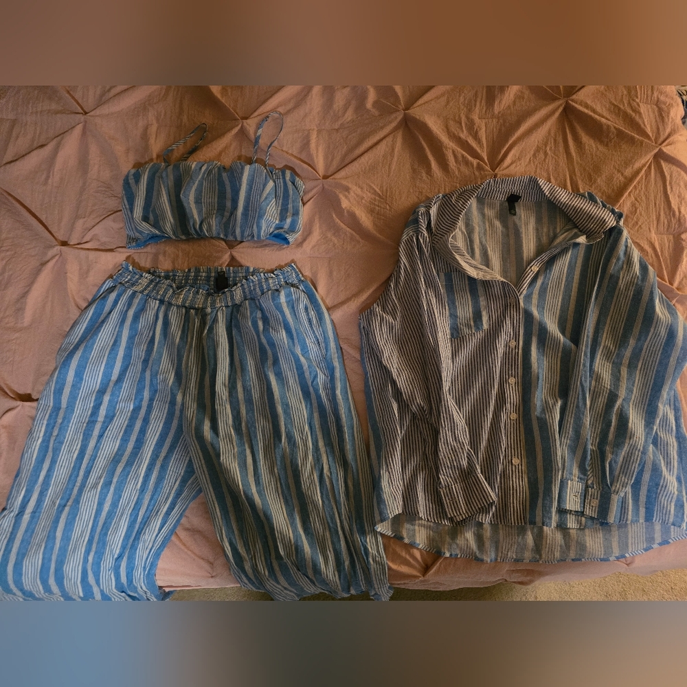 Blue and White Striped Three-Piece Set
